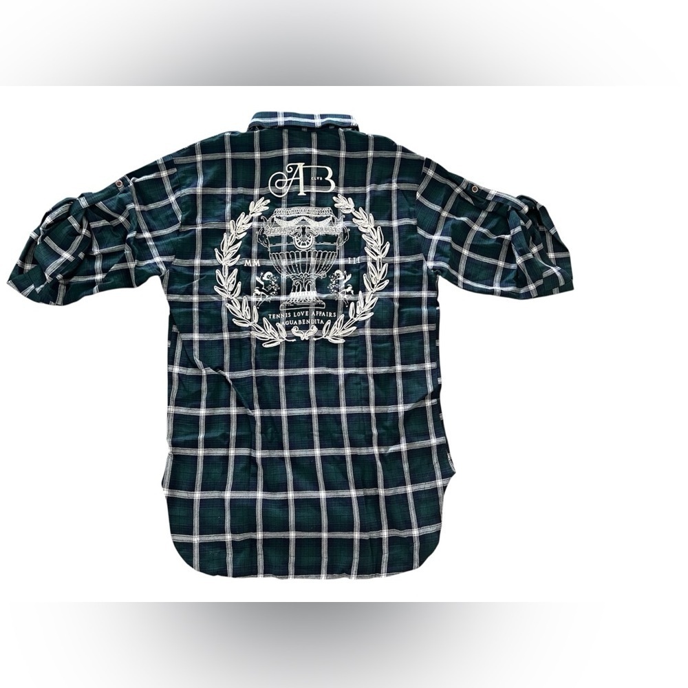 Agua Bendita Plaid Tennis Graphic Back Shirt Green Blue Oversized Size Large New
